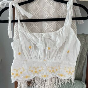 Forever 21 White and Yellow Floral Embroidered Women's Top